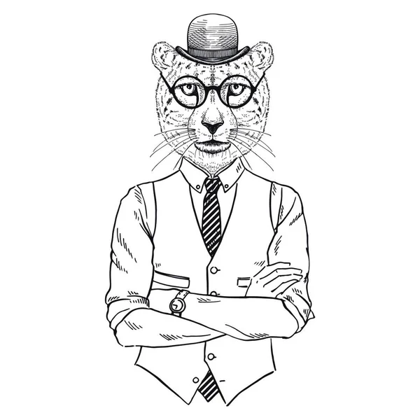 Ghepardo Uomo Hipster Peloso Art Design Moda Animale Illustrazione — Vettoriale Stock