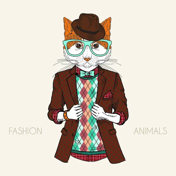 Ilustración Moda Gato Vestido Estilo Hipster — Vector de stock