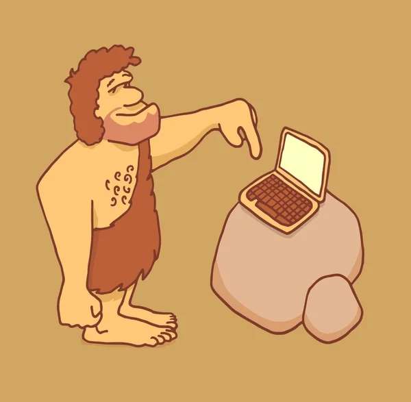 Cartoon Illustration Caveman Touching Laptop Keyboard — Stock Vector