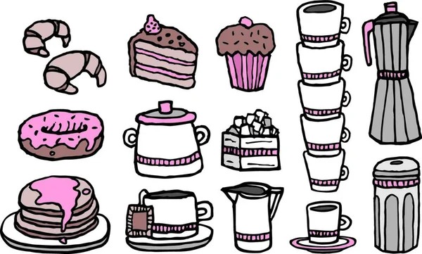 彩色咖啡和甜食 手工咖啡店用品套装 — 图库矢量图片
