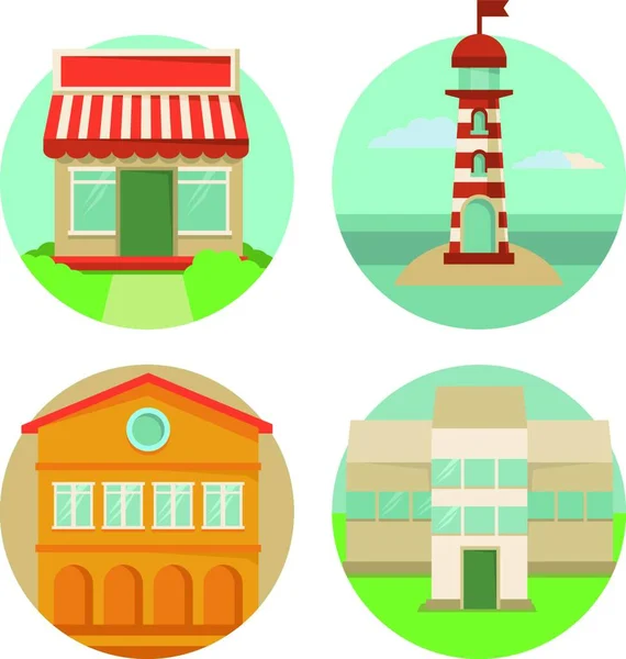 Vector Building Iconen Ronde Emblemen Met Illustraties Platte Retro Stijl — Stockvector