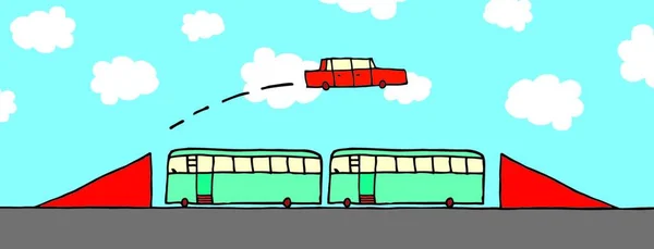 Autobuses Salto Coches Dibujos Animados — Vector de stock