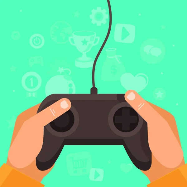 Concepto Juego Línea Vectorial Manos Que Sostienen Joystick Con Iconos — Vector de stock