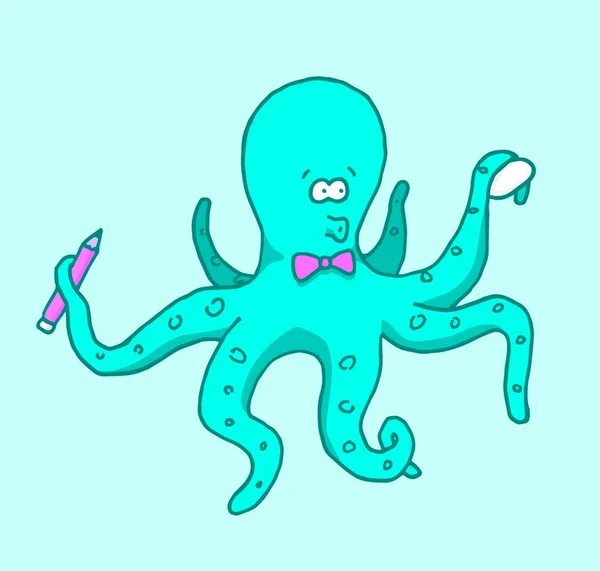 Cartoon Illustration Funny Cute Artist Octopus Ready Draw — Stock Vector