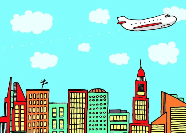 Avião Voando Acima Cidade — Vetor de Stock