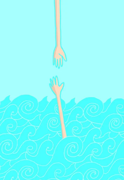 Cartoon Illustratie Van Een Hand Reiken Naar Hulp Aan Zee — Stockvector