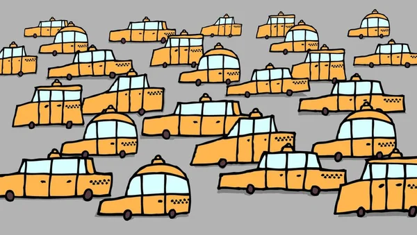 Große Gruppe Von Cartoon Taxis Vector Stau — Stockvektor