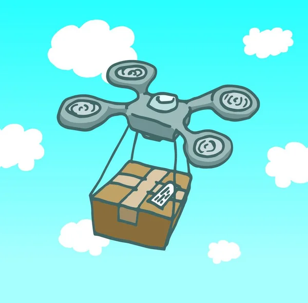 Illustration Bande Dessinée Copter Drone Volant Livrant Une Boîte Postale — Image vectorielle