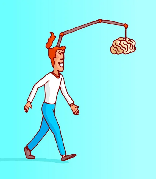 Dibujos Animados Ilustración Del Hombre Caminando Persiguiendo Procrastinación Del Cerebro — Archivo Imágenes Vectoriales