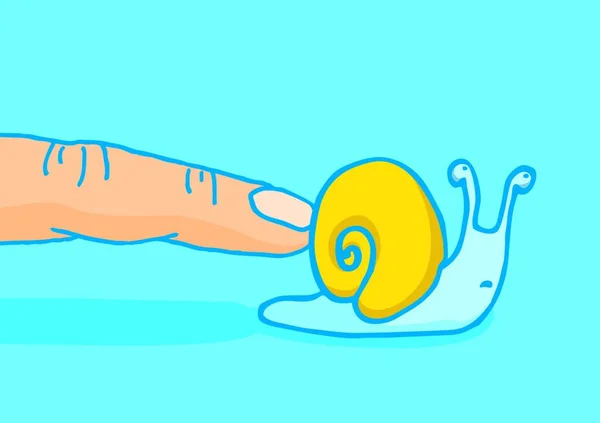 Cartoon Illustration Finger Pushing Rushing Slow Snail — Stock Vector