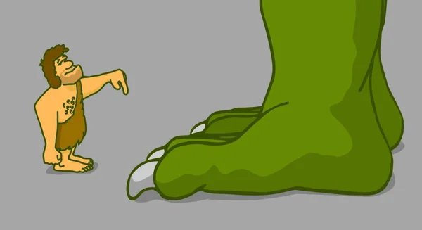 Карикатура Забавного Пещерного Человека Обучающего Приручающего Динозавра — стоковый вектор
