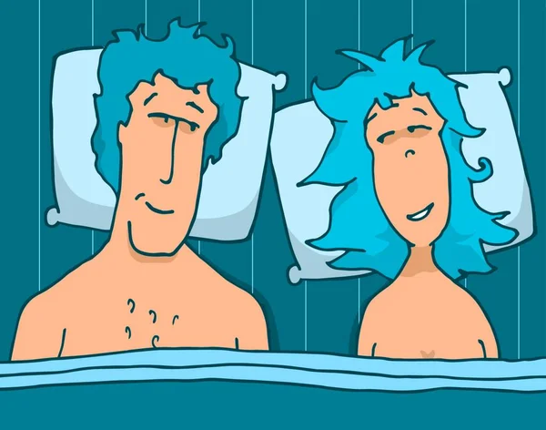 Karikatur Eines Jungen Verliebten Paares Das Bett Liegt — Stockvektor