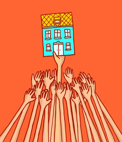 Cartoon Illustration Von Wettbewerbern Die Sich Schwer Tun Ein Haus — Stockvektor