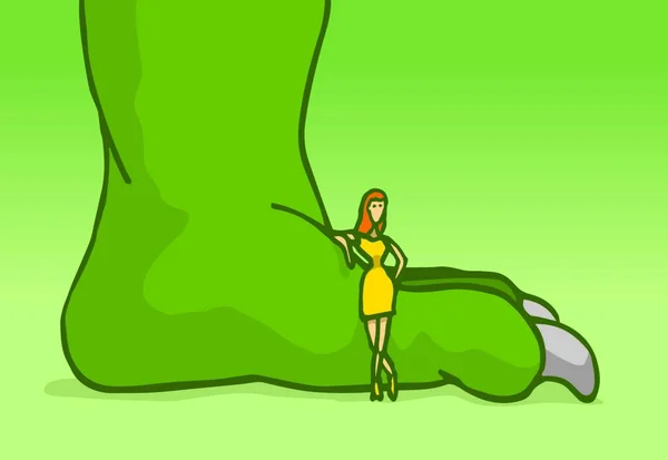 Illustration Bande Dessinée Une Femme Appuyée Sur Énorme Monstre Vert — Image vectorielle