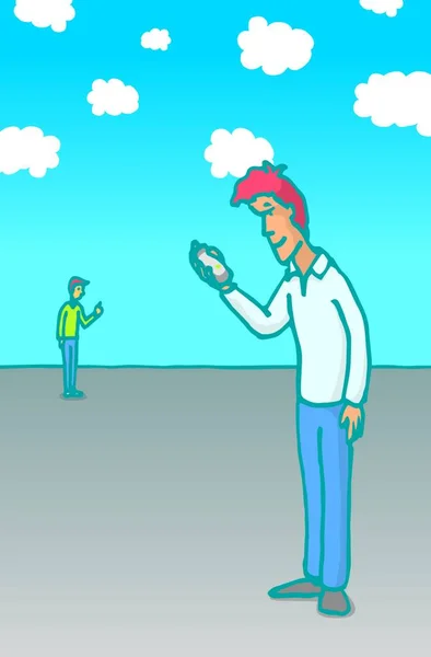 Cartoon Illustratie Van Twee Mensen Met Behulp Van Hun Mobiele — Stockvector