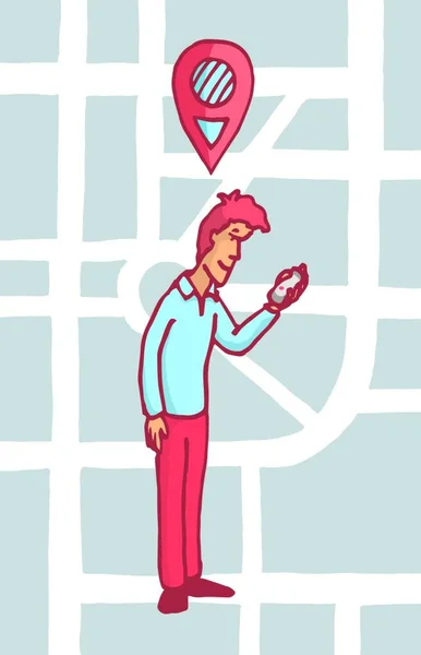 Cartoon Illustration Man Searching Map Directions His Mobile Phone — Stock Vector