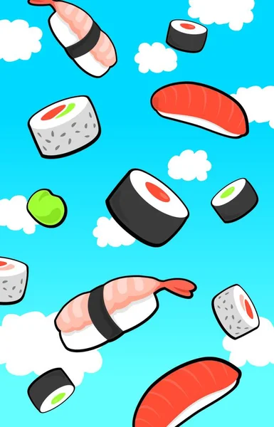 Cartoon Illustratie Van Een Verscheidenheid Van Sushi Vallen Uit Lucht — Stockvector