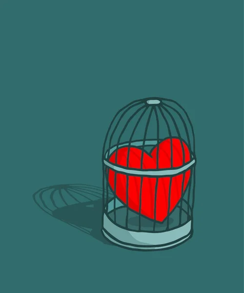 Kafesli Veya Kuş Gibi Tuzağa Aşk Yasak Kalp Karikatür Çizimi — Stok Vektör