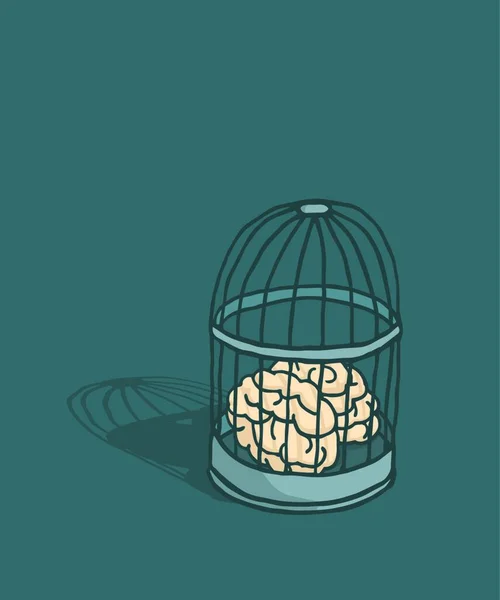 Cartoon Illustration Locked Brain Caged Birdcage — Stock Vector