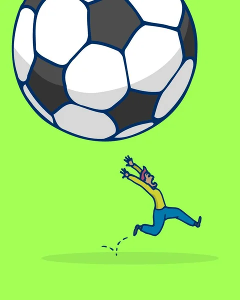 Desenhos Animados Ilustração Homem Pânico Correndo Enorme Bola Futebol — Vetor de Stock