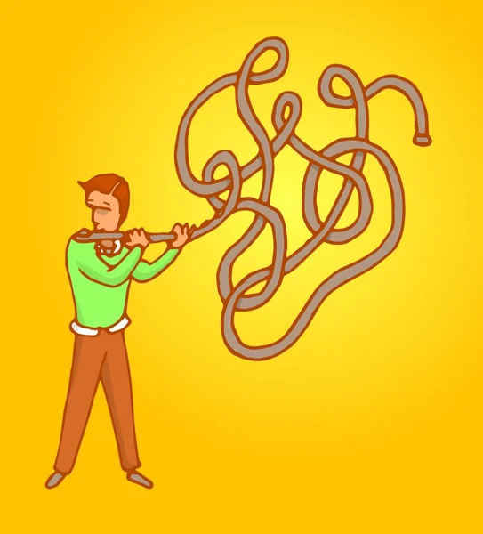 Desenhos Animados Ilustração Homem Tocando Música Improvisando Uma Flauta Complexa — Vetor de Stock