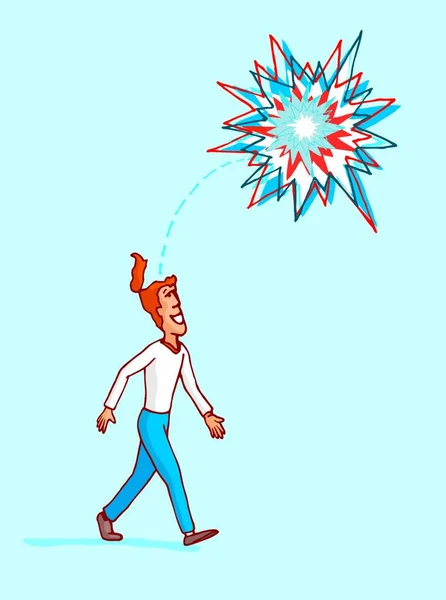 Cartoon Illustratie Van Mens Een Idee Exploderen Als Vuurwerk Observeren — Stockvector