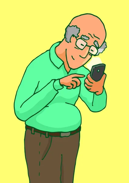 Ilustrasi Kartun Dari Seorang Senior Aktif Menggunakan Smartphone Nya Dengan - Stok Vektor