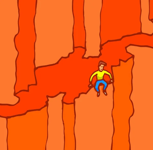 Cartoon Illustration Pensive Man Sitting Cliff Mountain Ledge — Stock Vector