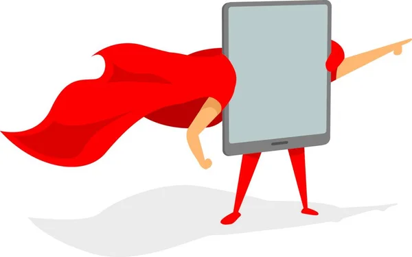 Cartoon Illustratie Van Tablet Super Held Staan Met Cape — Stockvector