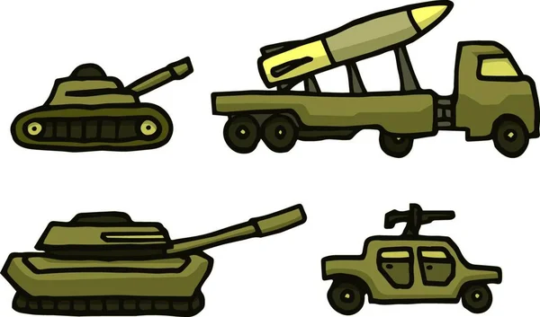 Ilustracja Kreskówki Wojskowy Zielony Pojazd Wojenny Zestaw — Wektor stockowy