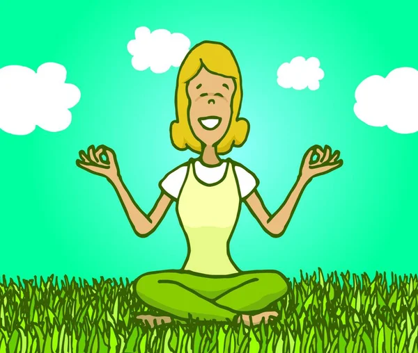 Yoga Pratik Açık Havada Duygu Doğa Meditasyon Kadın Karikatür Çizimi — Stok Vektör