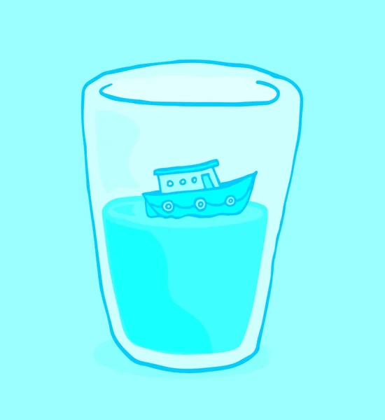 Cartoon Afbeelding Van Miniatuur Boot Drijvend Glas Water — Stockvector