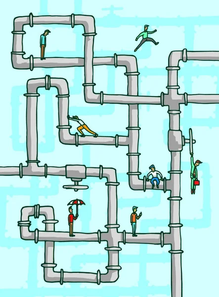 Cartoon Afbeelding Van Complexe Pijpleiding Met Speelse Verschillende Mensen — Stockvector