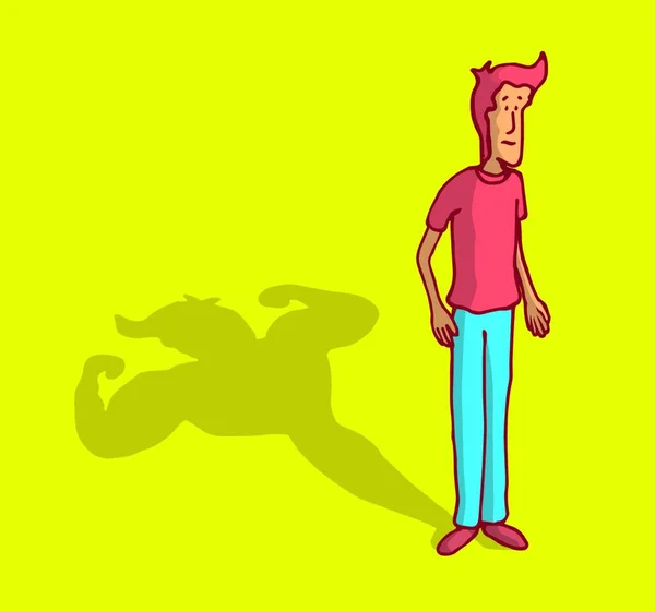 Desenhos Animados Ilustração Magro Homem Fraco Com Forte Musculação Sombra — Vetor de Stock