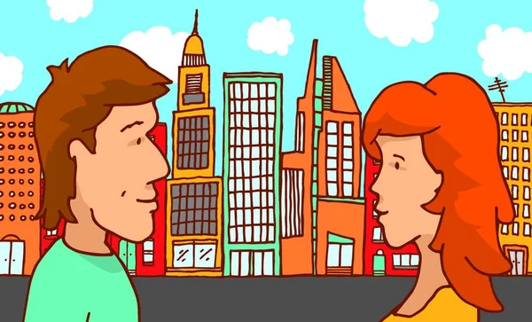 Desenhos Animados Ilustração Amor Urbano Reunião Casal Cidade Colorida — Vetor de Stock