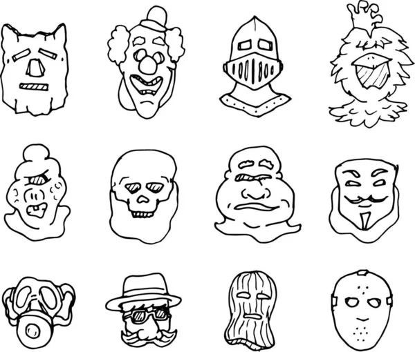 Desenhos Animados Ilustração Traje Diferente Conjunto Máscaras —  Vetores de Stock