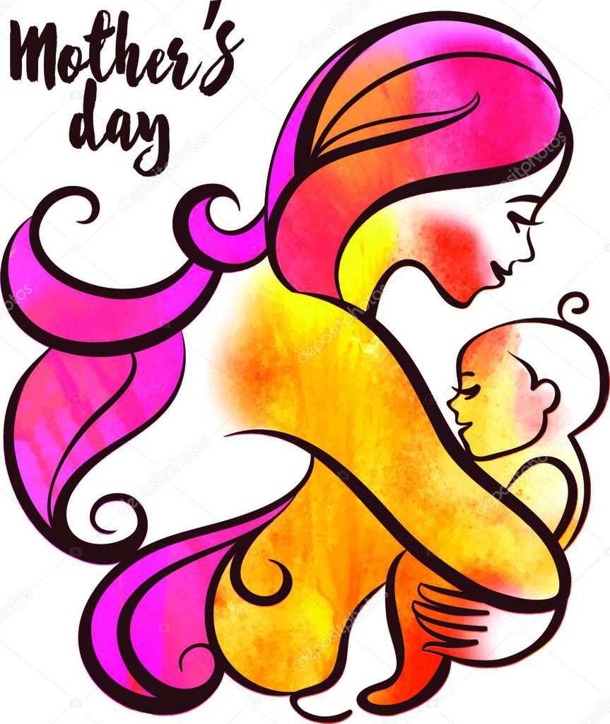 Watercolor beautiful mother silhouette with baby. Liner vector logo illustration on white background. Mother day card