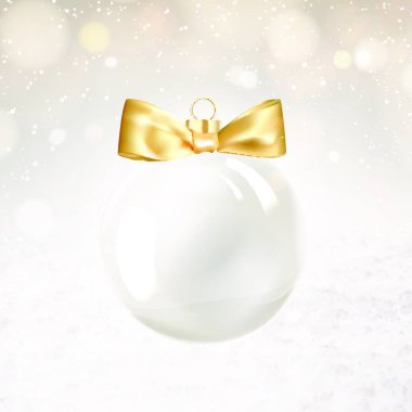Golden hristmas ball on white background with blurred sparks and confetti. Vector illustration. clipart