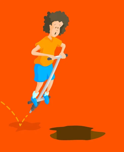 Cartoon Afbeelding Voor Kid Springen Pogo Stick Naar Put Hole — Stockvector