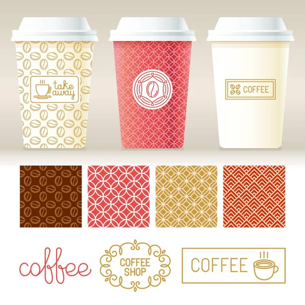 Vektor Zum Mitnehmen Von Kaffeeverpackungsvorlagen Und Designelementen Für Coffeeshops Pappbecher — Stockvektor