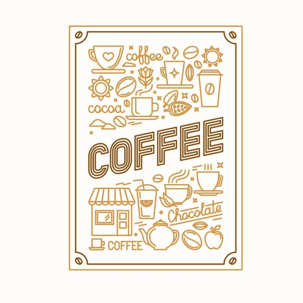 带有直线图标和与喝咖啡有关的标识的矢量咖啡海报 — 图库矢量图片