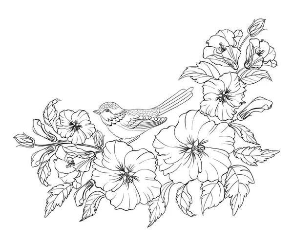 Beyaz Arka Planda Kuşla Izole Edilmiş Hibiscus Vektör Illüstrasyonu — Stok Vektör
