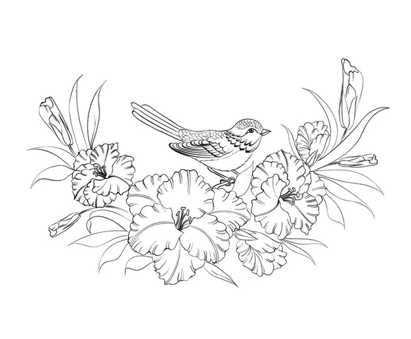 Ptak Siedzący Gałęzi Hibiskusa Odizolowany Białym Tle Ilustracja Wektora — Wektor stockowy