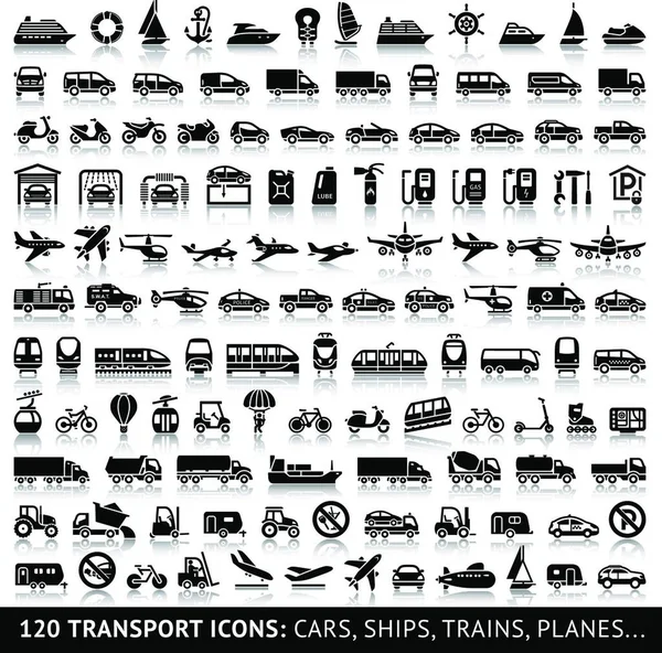 120 Transport Icoon Met Reflectie Auto Schepen Treinen Vliegtuigen Vector — Stockvector