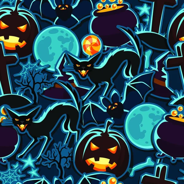 Gelukkig Halloween Naadloos Patroon Met Stickers Karakters Objecten Happy Halloween — Stockvector