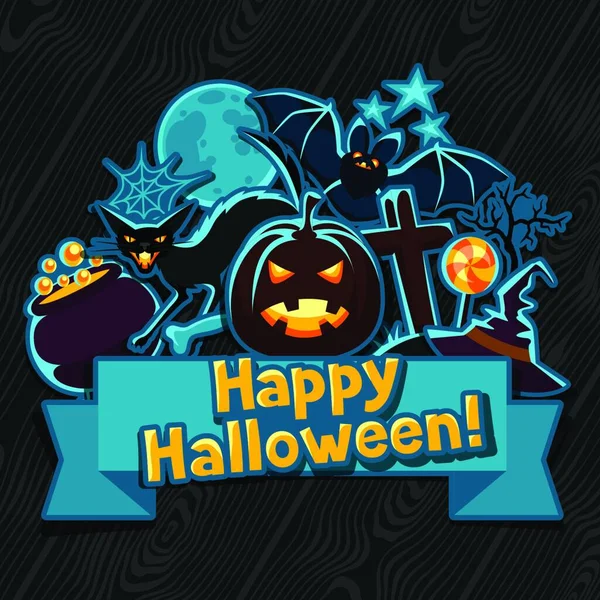 Happy Halloween Kartka Życzeniami Znaków Obiektów Naklejki Happy Halloween Kartka — Wektor stockowy