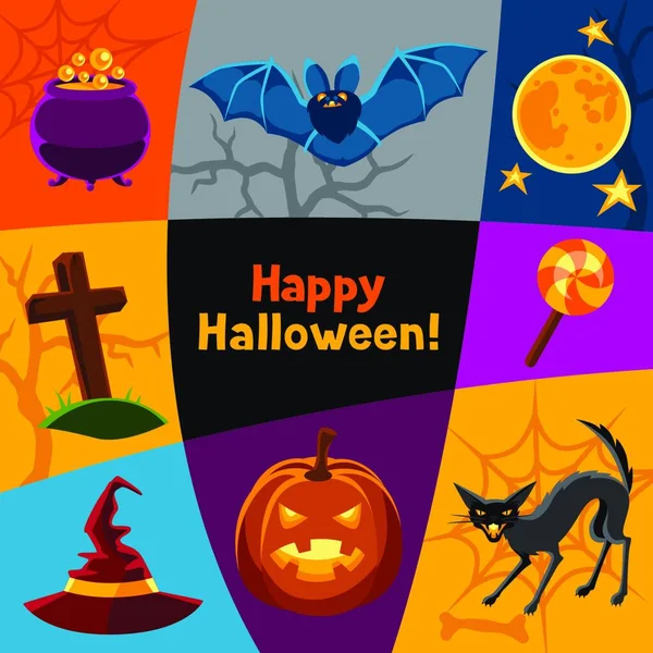 Feliz Tarjeta Felicitación Halloween Con Personajes Objetos Feliz Tarjeta Felicitación — Archivo Imágenes Vectoriales