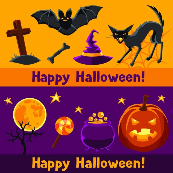 Banners Halloween Felices Con Personajes Objetos Banderines Meditación Felices Con — Vector de stock