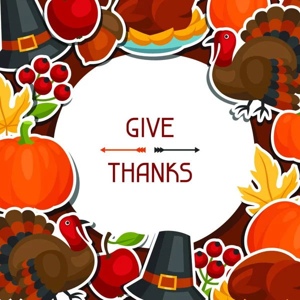 Happy Thanksgiving Day Hintergrunddesign Mit Feiertags Sticker Objekten Happy Thanksgiving — Stockvektor