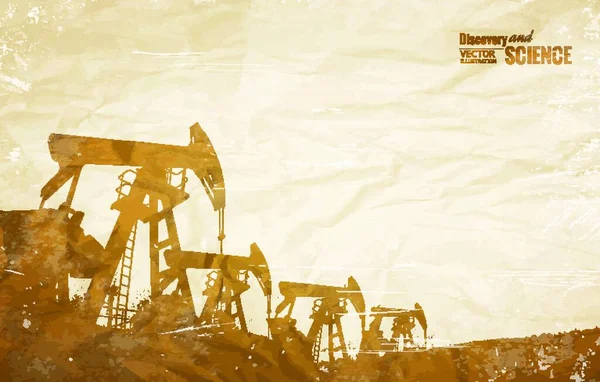 古い紙の上に油ポンプと石油業界の背景 ベクターイラスト — ストックベクタ